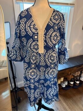 Saiph Cotton Navy Blue and White Printed Mini Dress with Lace Trim Made in Italy